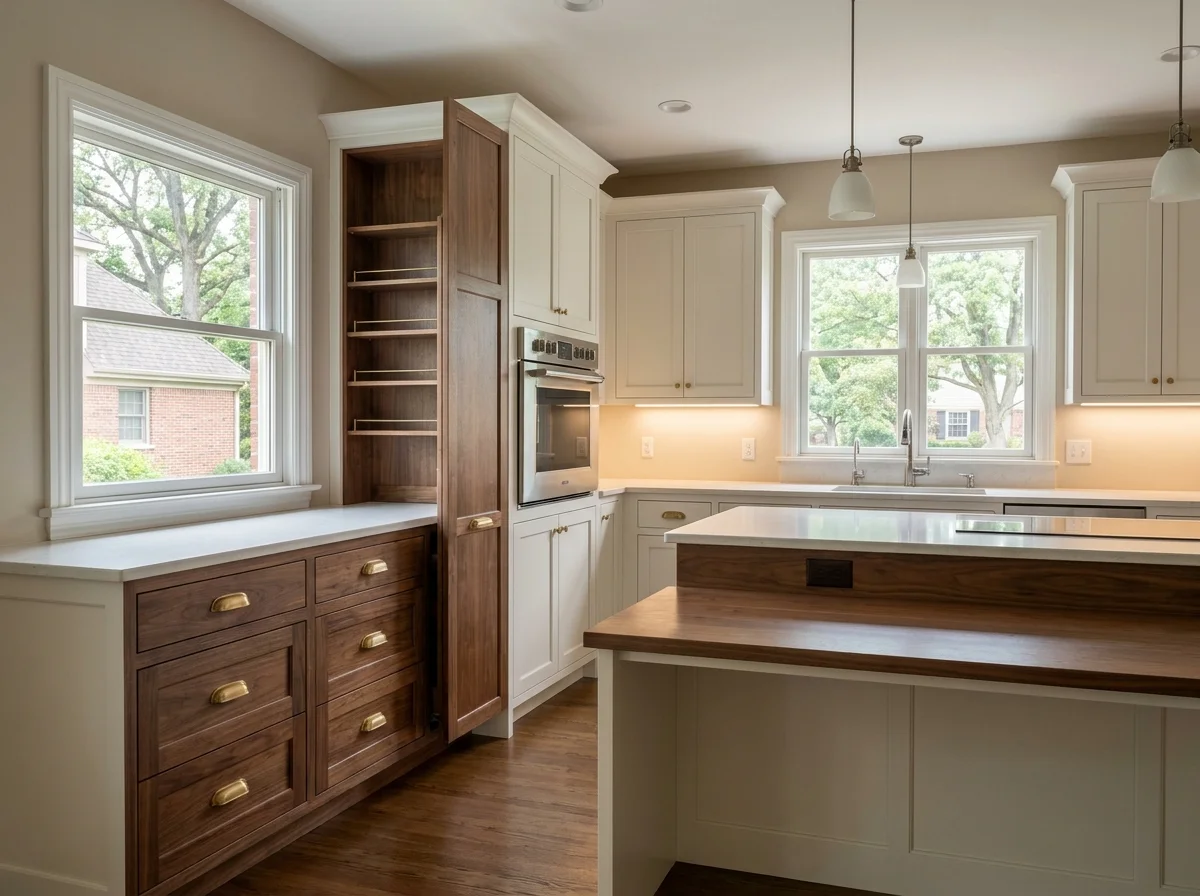 Accessible kitchen with deep drawer base cabinets, wide brass pulls, counter-height wall oven, and lowered island seating