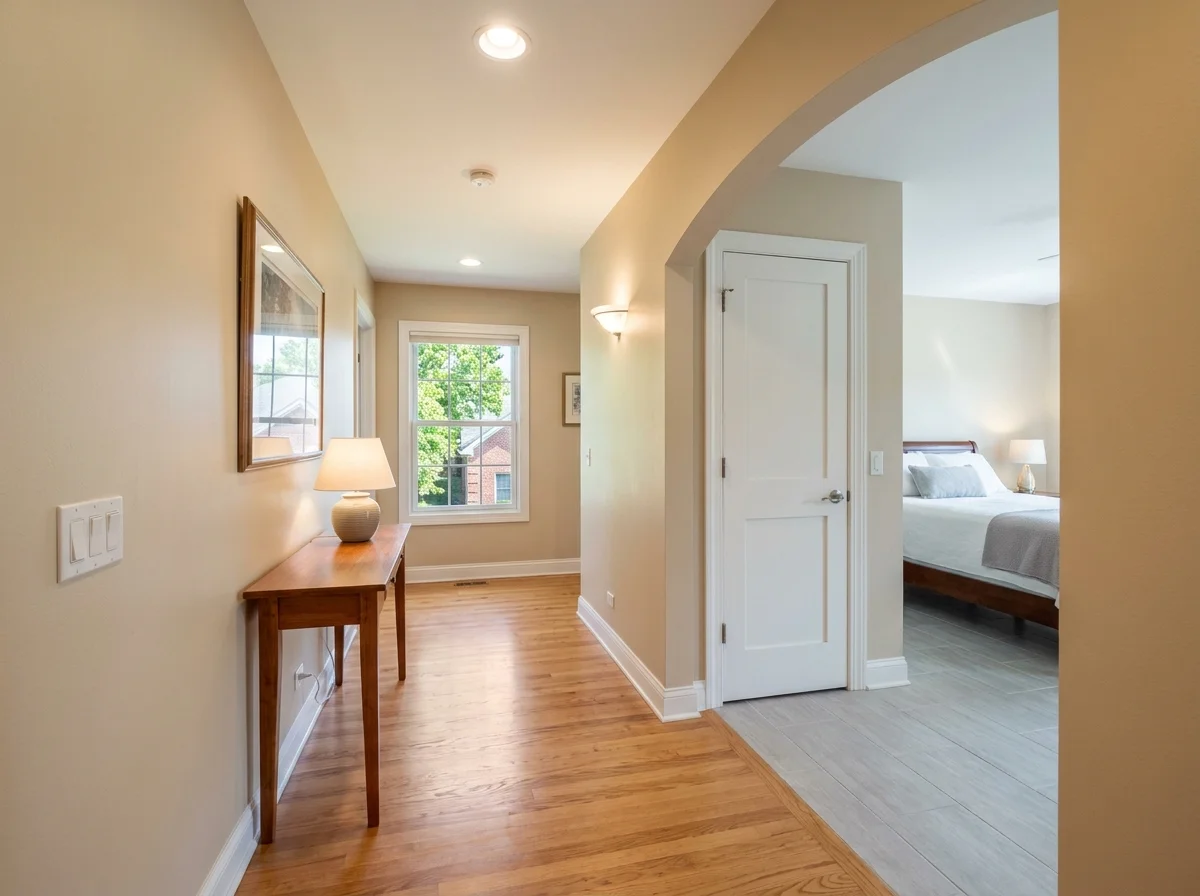 Bright hallway with widened doorway, flush floor transition, lever handles, and rocker switches