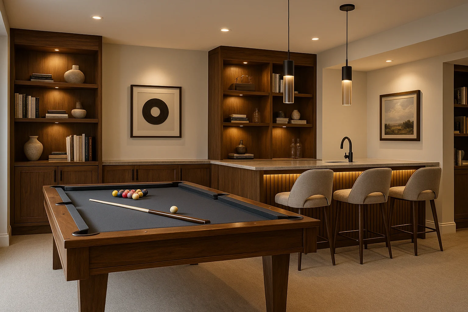 Basement game area with billiards table and small wet bar