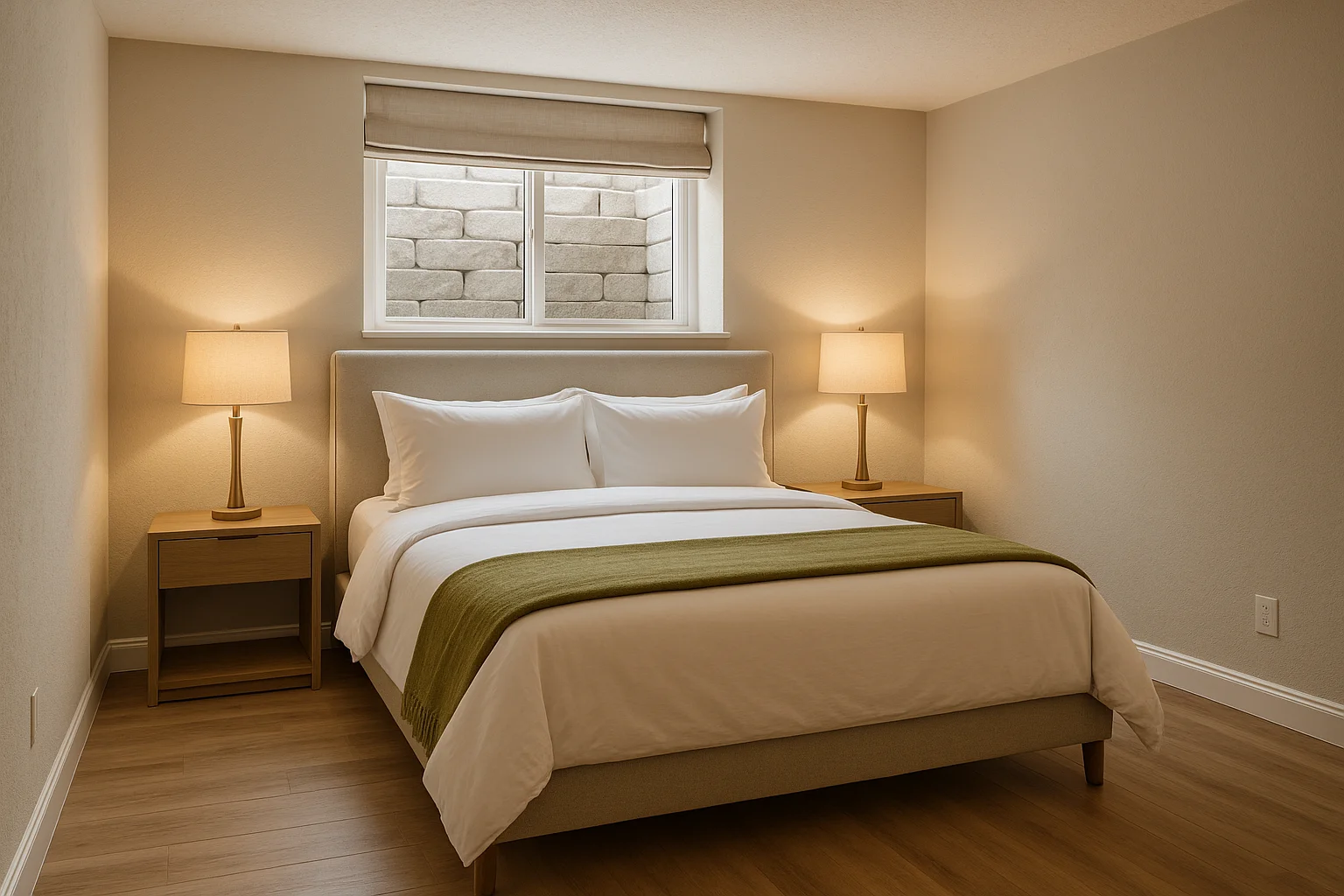 Basement guest bedroom with upholstered bed and egress window