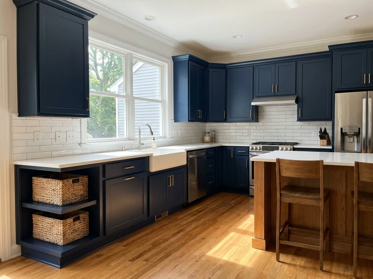 Existing shaker cabinets professionally repainted navy blue with brass hardware and white quartz counters