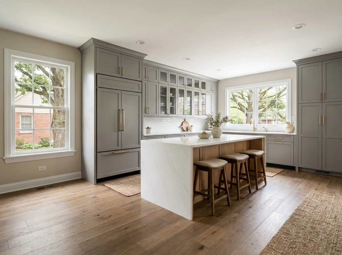 Fully replaced kitchen with new gray shaker cabinetry, white oak island with waterfall quartz, and integrated pantry wall