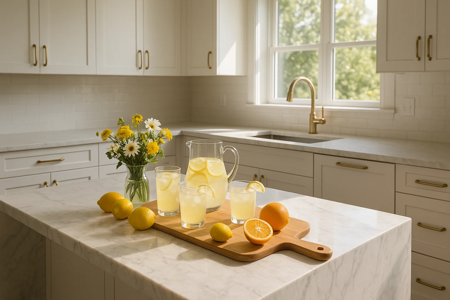 Kitchen island styled for summer entertaining with lemonade and citrus