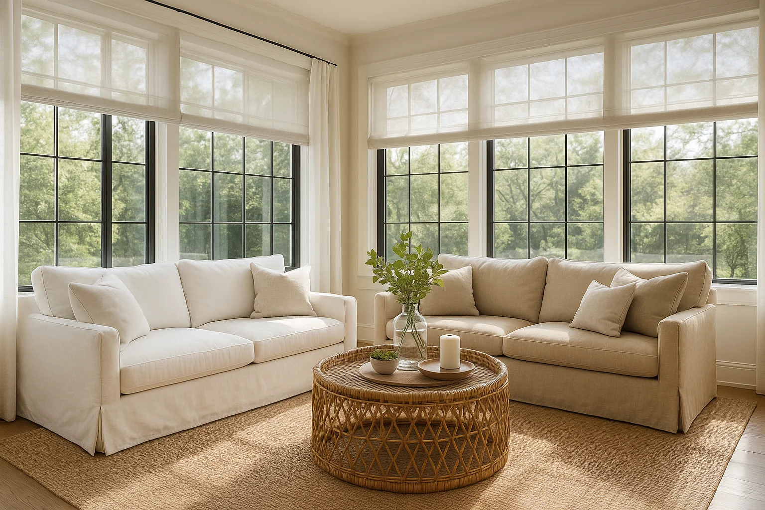 Sunroom with performance fabric sofas and indoor-outdoor rug