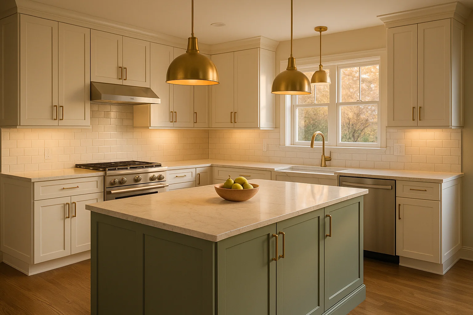 Completed kitchen remodel with sage green island and brass pendants in warm evening light