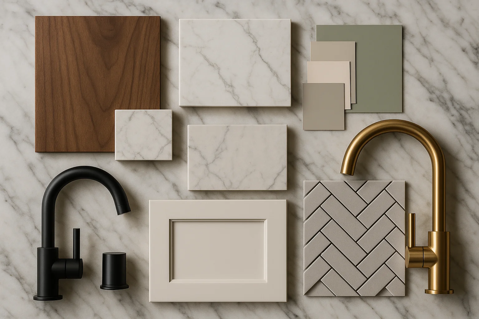 Material selections flat lay with cabinet, stone, and hardware samples