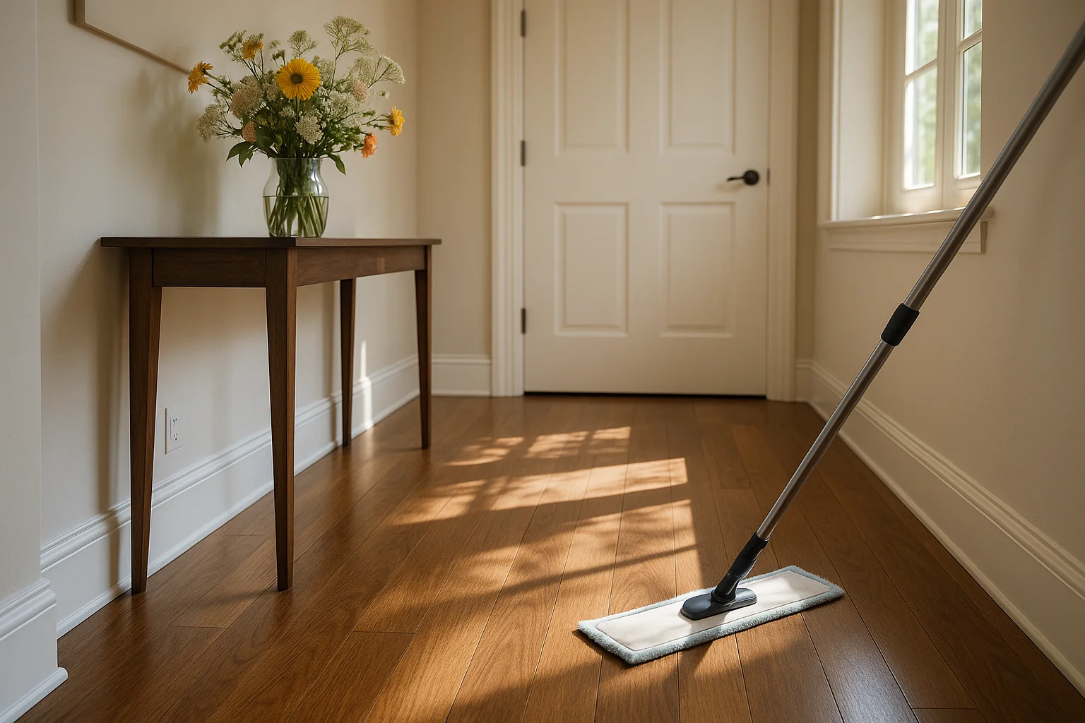 Microfiber dust mop on walnut hardwood in a bright hallway