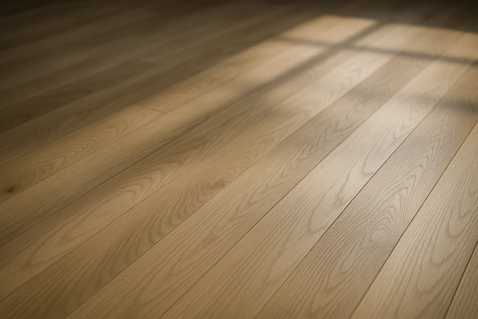 Close-up of white oak plank seams in raking light
