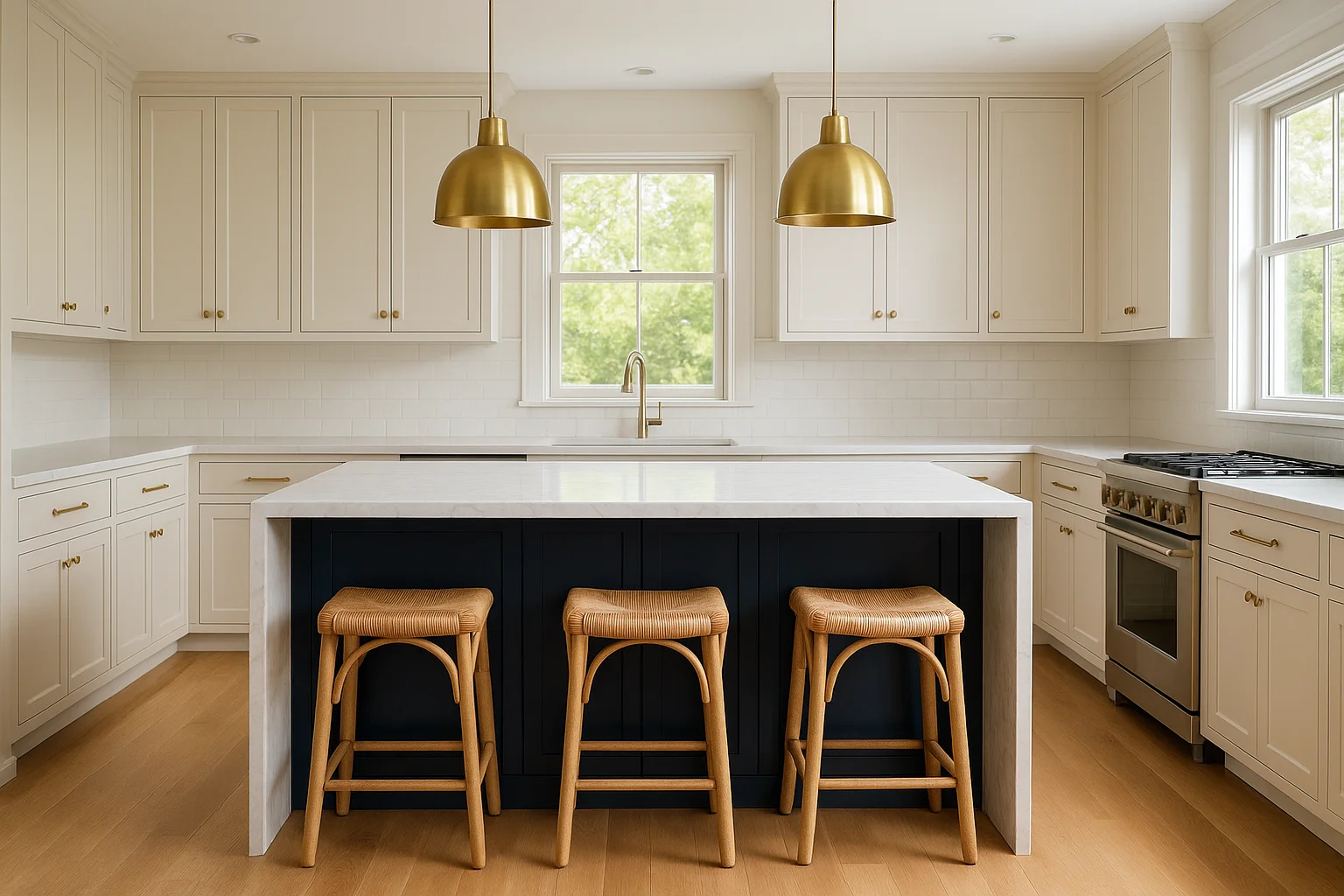 Two-tone kitchen with white perimeter cabinets and a navy blue island