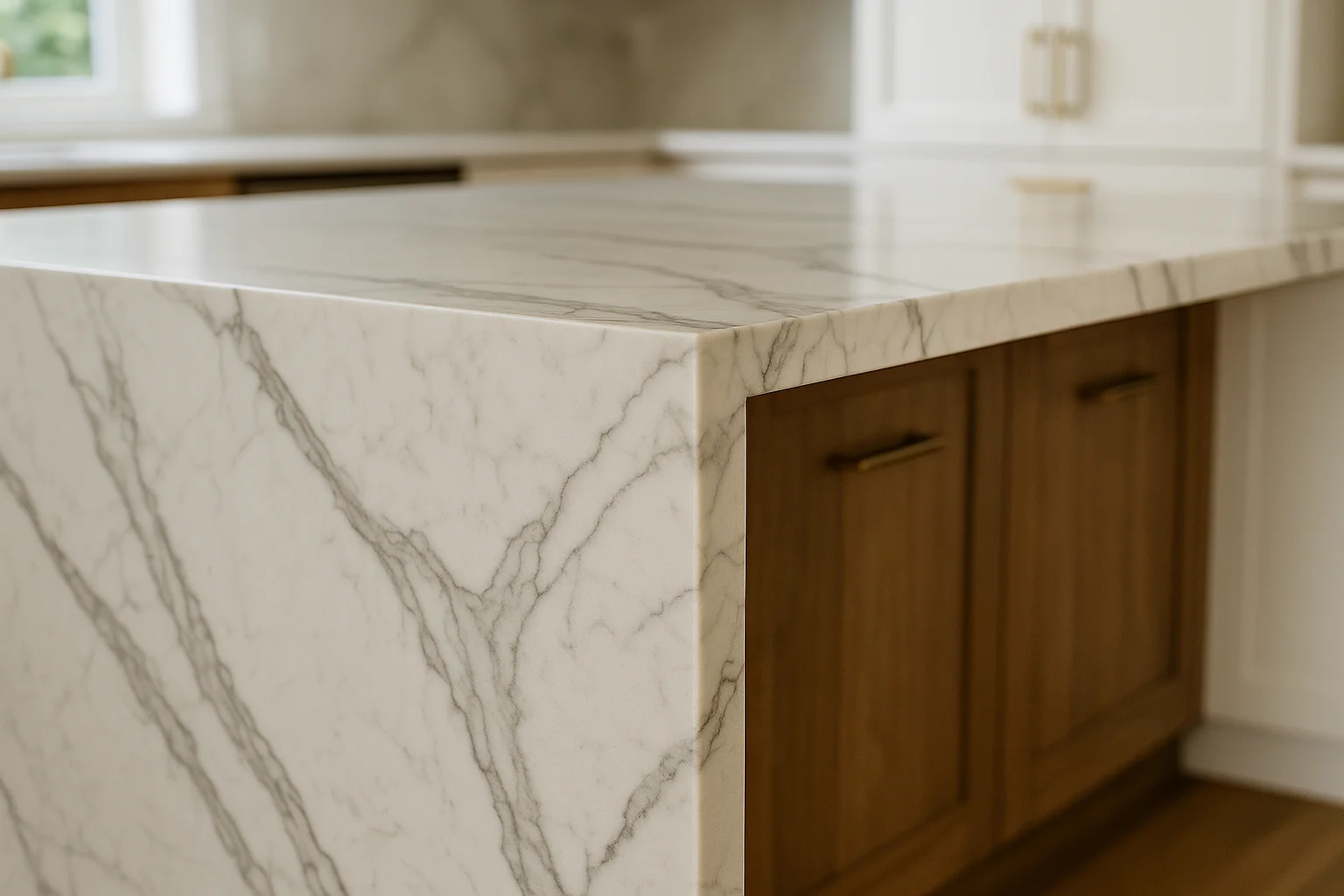 Kitchen island with a waterfall edge in marble-look quartz