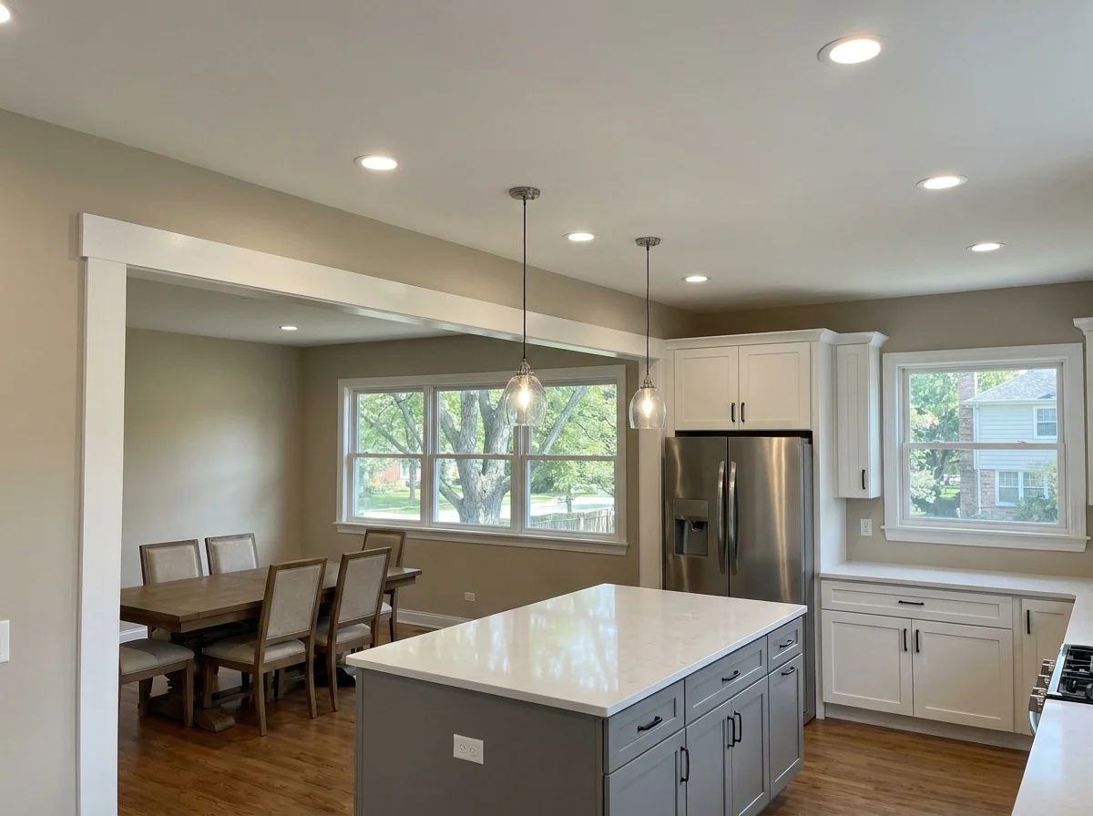 Finished open-plan kitchen with a smooth ceiling and a wide cased opening framing the dining room, no visible beam
