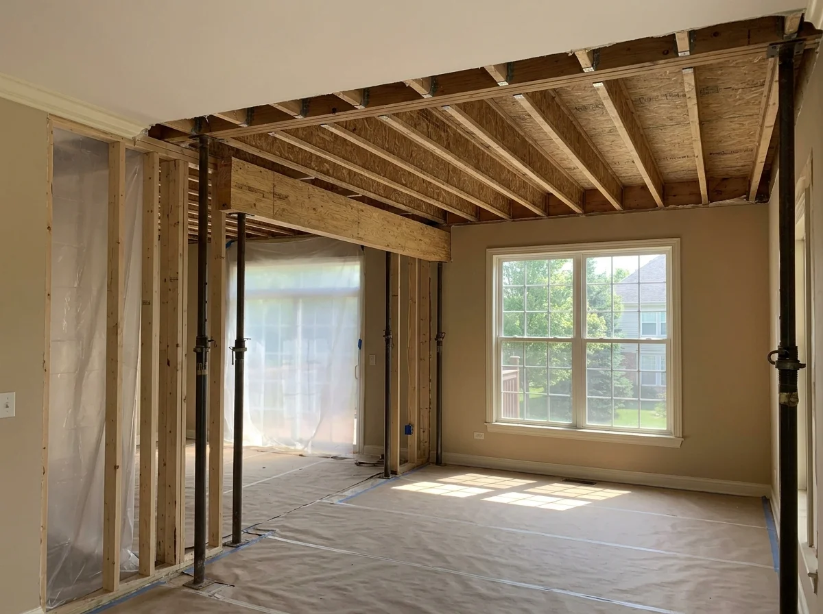 Temporary shoring walls and steel jack posts supporting the ceiling during a load-bearing wall removal, with a new beam being set