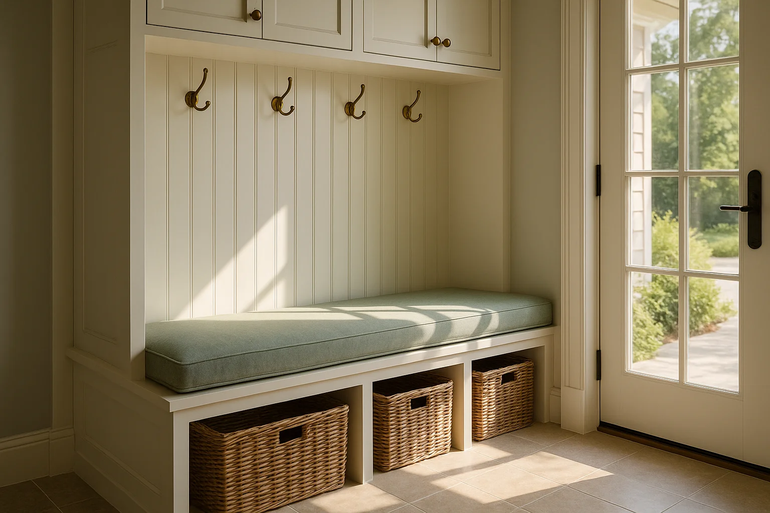 Mudroom bench detail with sage cushion, beadboard, and brass hooks