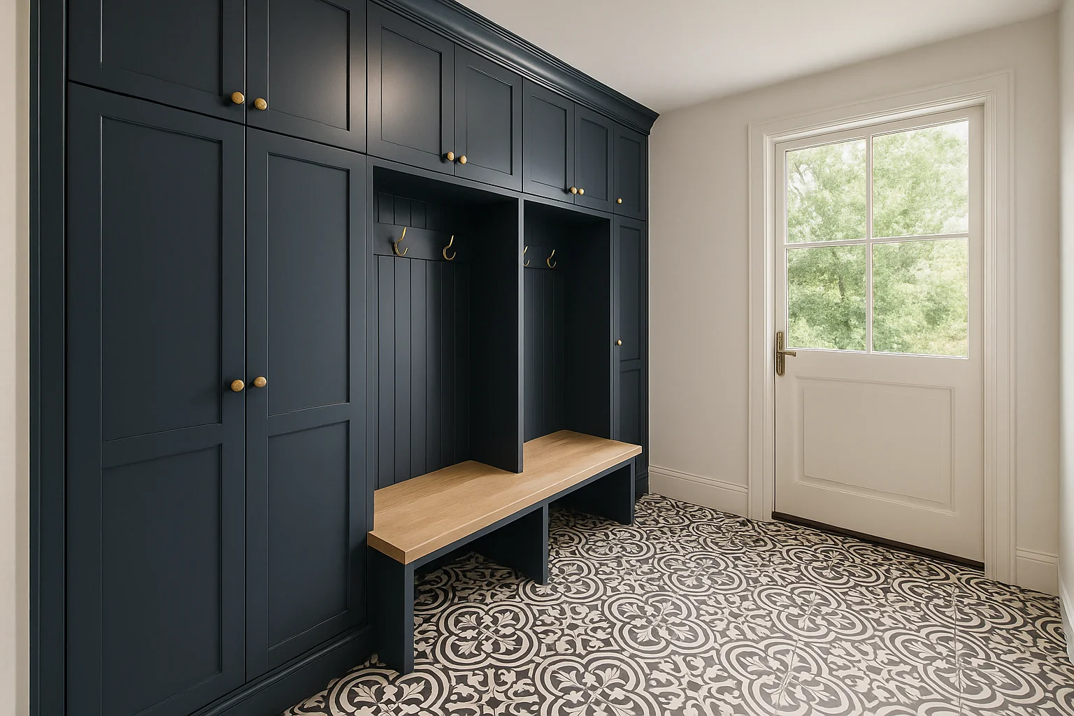 Navy blue mudroom built-in lockers with white oak bench