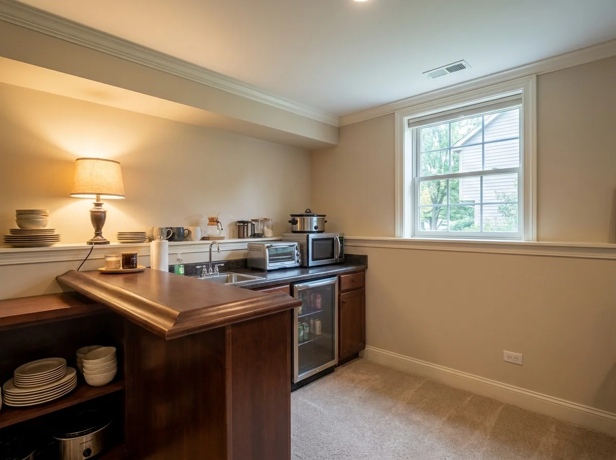 Basement wet bar used as a temporary kitchen with bar sink, beverage fridge, microwave, toaster oven, and slow cooker