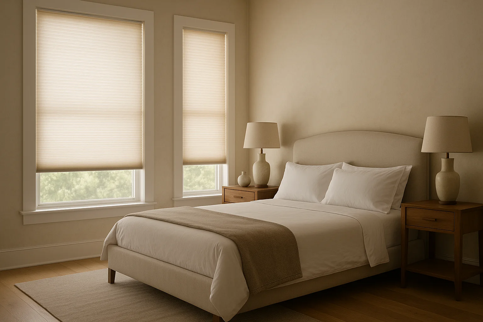 Bedroom with honeycomb cellular shades softening bright sunlight
