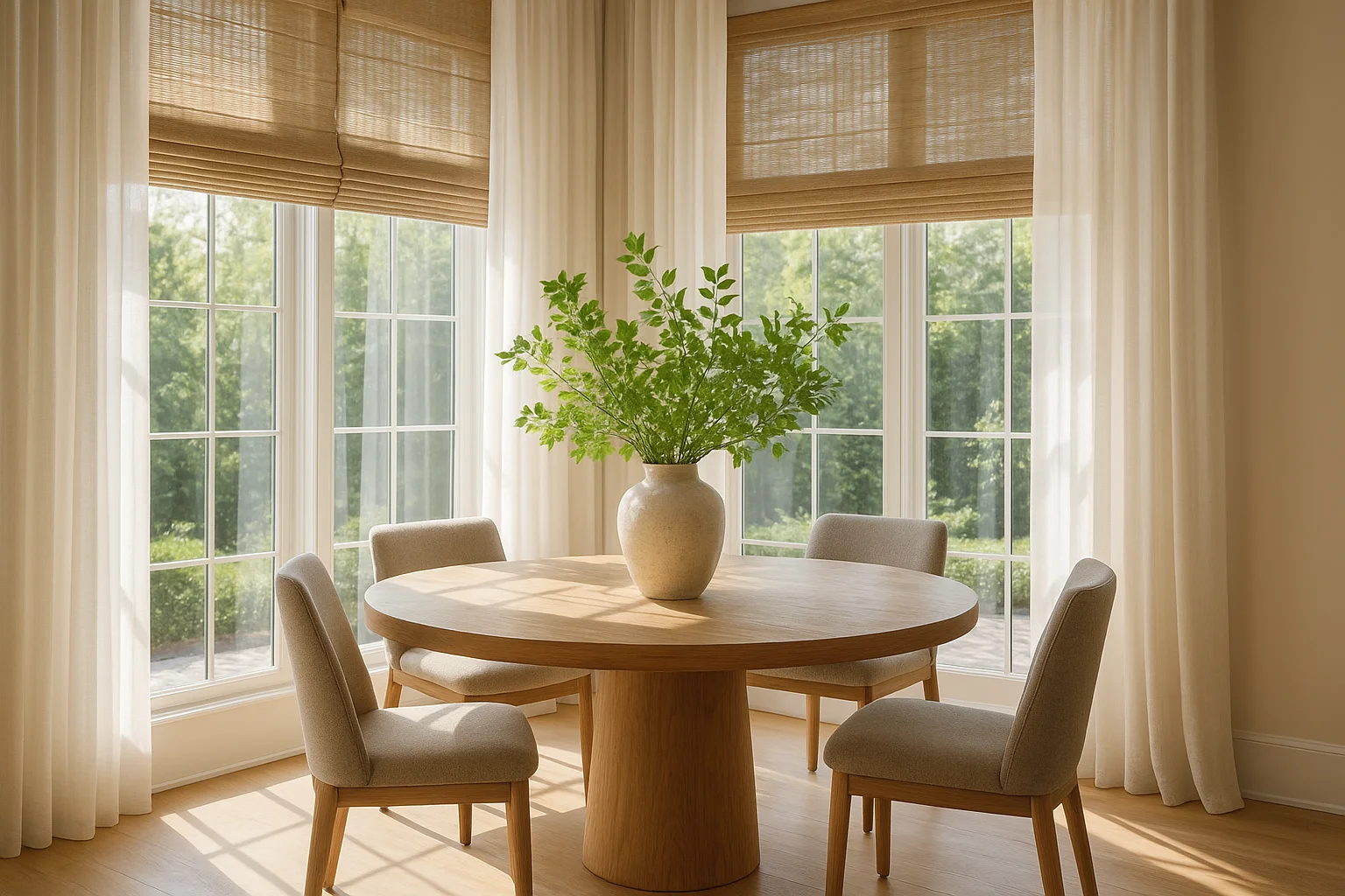 Dining area with sheer drapery layered over woven roman shades