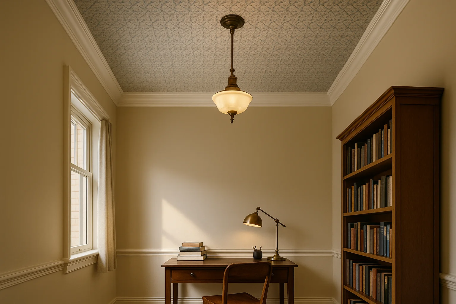 Study with patterned wallpaper applied to the ceiling