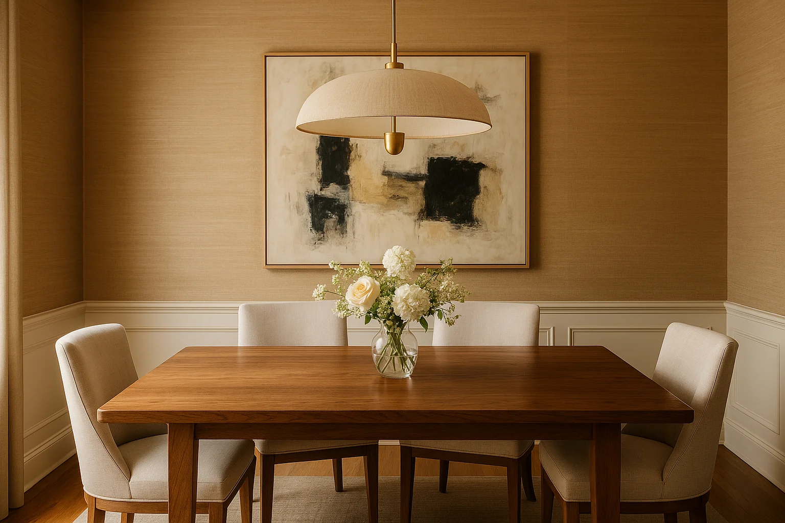 Dining room with natural grasscloth wallpaper