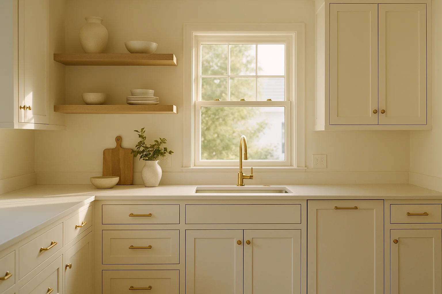 Kitchen painted in a soft warm white in afternoon light