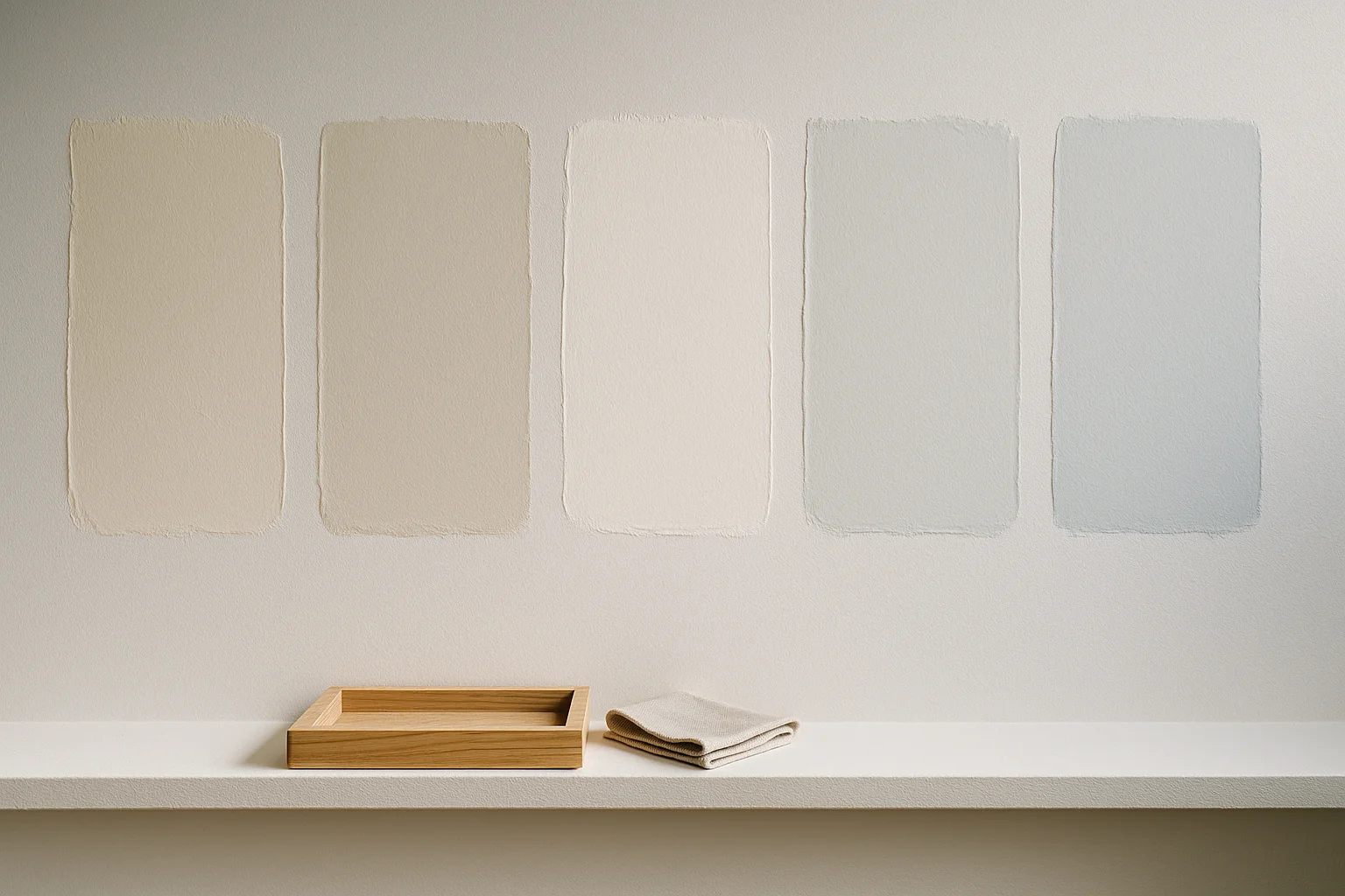 Five shades of white paint samples side by side showing different undertones